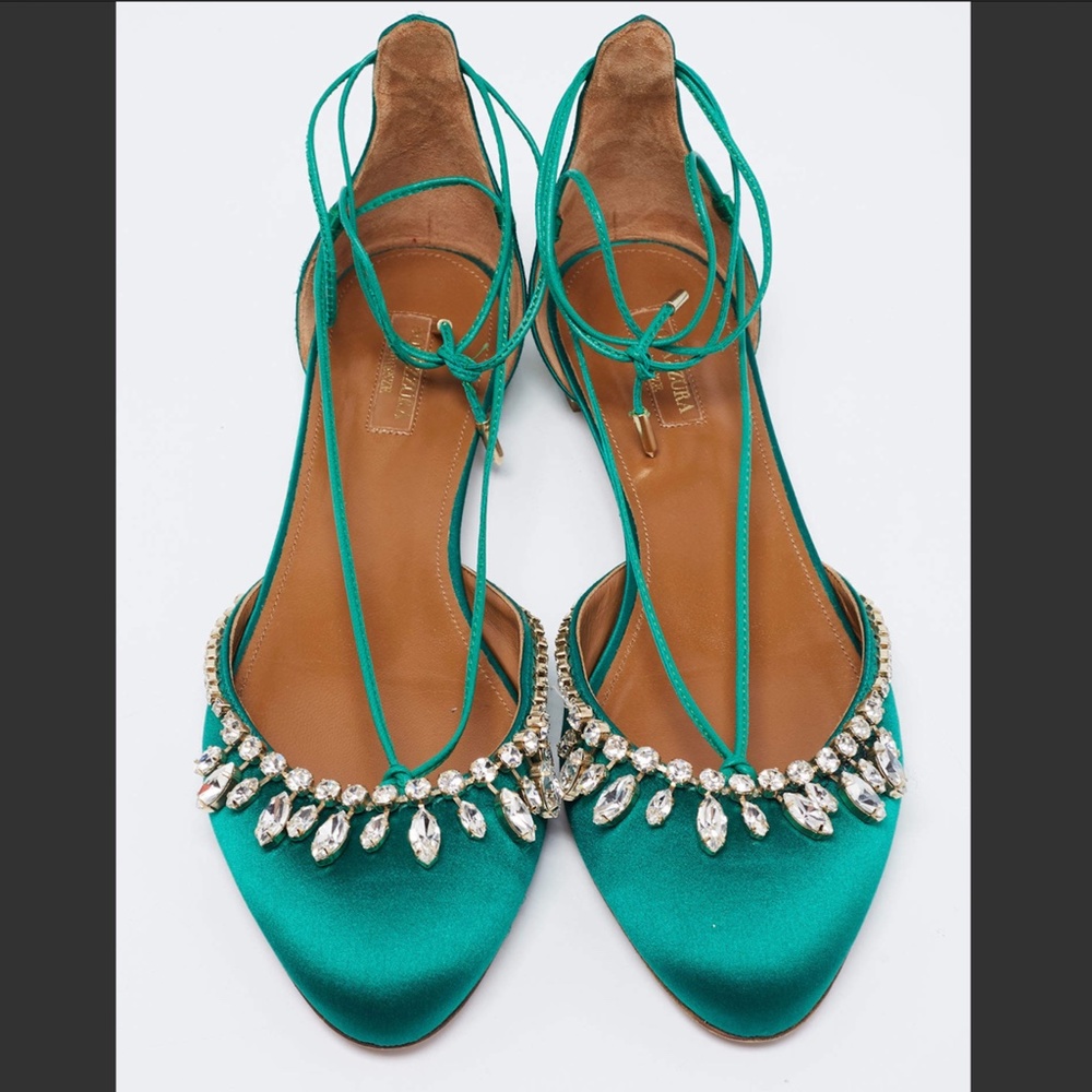 Aquazzura Teal Flats with Crystal Embellishments